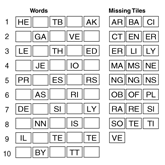 PuzzleBeetle Missing Tiles Puzzle – the solver must place 2-letter tiles correctly to form 10-letter words Missing Tiles Puzzle – PuzzleBeetle